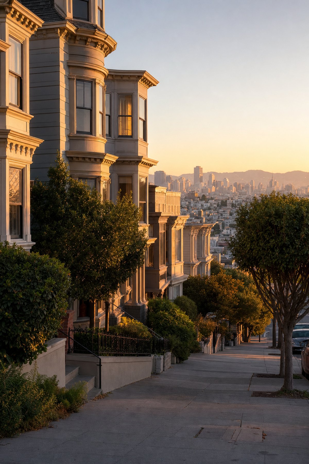A San Francisco residential street of Victorian homes at golden hour, the downtown skyline in the distance